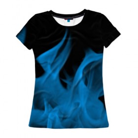 Женская футболка 3D с принтом Синий огонь , 100% полиэфир ( синтетическое хлопкоподобное полотно) | прямой крой, круглый вырез горловины, длина до линии бедер | fire | flame | in fire | smoke | в огне | дым | огненный | огонь | текстуры