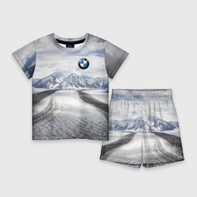 Детский костюм с шортами 3D с принтом BMW ,  |  | bmw | clouds | ice | mountains | prestige | road | sky | snow | бмв | горы | дорога | лед | небо | облака | престиж | снег