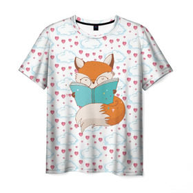Мужская футболка 3D с принтом Лиса с книжкой , 100% полиэфир | прямой крой, круглый вырез горловины, длина до линии бедер | Тематика изображения на принте: fox | foxed | арт | лис | лиса | лисенок | лисичка | пушистик | рыжая | рыжмй хвост