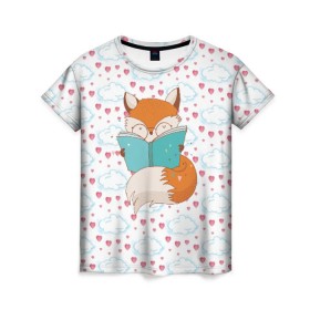 Женская футболка 3D с принтом Лиса с книжкой , 100% полиэфир ( синтетическое хлопкоподобное полотно) | прямой крой, круглый вырез горловины, длина до линии бедер | fox | foxed | арт | лис | лиса | лисенок | лисичка | пушистик | рыжая | рыжмй хвост