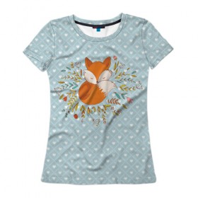 Женская футболка 3D с принтом Лисичка в цветах , 100% полиэфир ( синтетическое хлопкоподобное полотно) | прямой крой, круглый вырез горловины, длина до линии бедер | fox | foxed | арт | лис | лиса | лисенок | лисичка | пушистик | рыжая | рыжмй хвост