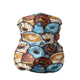 Бандана-труба 3D с принтом Пончики и кофе , 100% полиэстер, ткань с особыми свойствами — Activecool | плотность 150‒180 г/м2; хорошо тянется, но сохраняет форму | art | berries | blue | blueberries | brown | cake | candy | chocolate | coffee | cup | donuts | gifts | heart | painting | sweets | живопись | искусство | конфеты | коричневые | кофе | пирожное | подарки | пончики | сердце | синие | сладости | чашка | чер