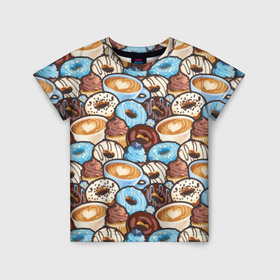Детская футболка 3D с принтом Пончики и кофе , 100% гипоаллергенный полиэфир | прямой крой, круглый вырез горловины, длина до линии бедер, чуть спущенное плечо, ткань немного тянется | art | berries | blue | blueberries | brown | cake | candy | chocolate | coffee | cup | donuts | gifts | heart | painting | sweets | живопись | искусство | конфеты | коричневые | кофе | пирожное | подарки | пончики | сердце | синие | сладости | чашка | чер