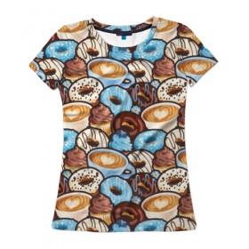 Женская футболка 3D с принтом Пончики и кофе , 100% полиэфир ( синтетическое хлопкоподобное полотно) | прямой крой, круглый вырез горловины, длина до линии бедер | art | berries | blue | blueberries | brown | cake | candy | chocolate | coffee | cup | donuts | gifts | heart | painting | sweets | живопись | искусство | конфеты | коричневые | кофе | пирожное | подарки | пончики | сердце | синие | сладости | чашка | чер