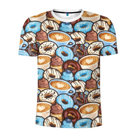 Мужская футболка 3D спортивная с принтом Пончики и кофе , 100% полиэстер с улучшенными характеристиками | приталенный силуэт, круглая горловина, широкие плечи, сужается к линии бедра | art | berries | blue | blueberries | brown | cake | candy | chocolate | coffee | cup | donuts | gifts | heart | painting | sweets | живопись | искусство | конфеты | коричневые | кофе | пирожное | подарки | пончики | сердце | синие | сладости | чашка | чер