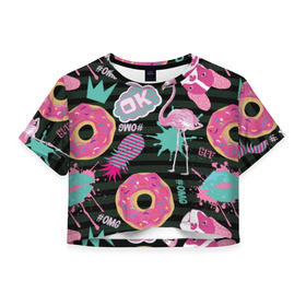 Женская футболка Cropp-top с принтом Пончики, мопсы и фламинго. , 100% полиэстер | круглая горловина, длина футболки до линии талии, рукава с отворотами | bird | blots | breed | crown | dog | donuts | flamingo | ici | kiss | lips | pastries | pineapple | pink | pug | splashes | stripes | sweet | ананас | брызги | выпечка | глазурь | губы | женские | кляксы | корона | мопс | отпечаток | полосы | пончики | по