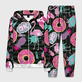 Мужской костюм 3D с принтом Пончики, мопсы и фламинго. , 100% полиэстер | Манжеты и пояс оформлены тканевой резинкой, двухслойный капюшон со шнурком для регулировки, карманы спереди | bird | blots | breed | crown | dog | donuts | flamingo | ici | kiss | lips | pastries | pineapple | pink | pug | splashes | stripes | sweet | ананас | брызги | выпечка | глазурь | губы | женские | кляксы | корона | мопс | отпечаток | полосы | пончики | по