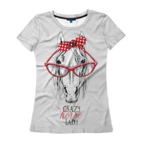 Женская футболка 3D с принтом Crazy horse lady , 100% полиэфир ( синтетическое хлопкоподобное полотно) | прямой крой, круглый вырез горловины, длина до линии бедер | Тематика изображения на принте: animal | blonde | bow | crazy | cute | head | horse | lady | look | polka | portrait | red | white | бант | белая | белый | блондинка | взгляд | голова | горошек | животное | красный | леди | лошадь | милый | очки | портрет | сумасшедшая