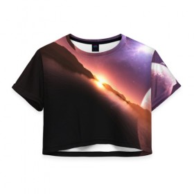 Женская футболка Cropp-top с принтом Космический закат , 100% полиэстер | круглая горловина, длина футболки до линии талии, рукава с отворотами | Тематика изображения на принте: galaxy | nebula | space | star | абстракция | вселенная | галактика | звезда | звезды | космический | планеты