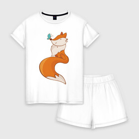 Женская пижама с шортиками хлопок с принтом Лисичка и бабочка , 100% хлопок | футболка прямого кроя, шорты свободные с широкой мягкой резинкой | fox | foxed | арт | лис | лиса | лисенок | лисичка | пушистик | рыжая | рыжмй хвост