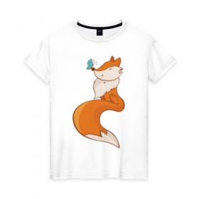 Женская футболка хлопок с принтом Лисичка и бабочка , 100% хлопок | прямой крой, круглый вырез горловины, длина до линии бедер, слегка спущенное плечо | fox | foxed | арт | лис | лиса | лисенок | лисичка | пушистик | рыжая | рыжмй хвост