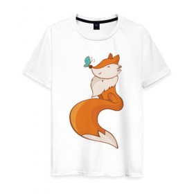 Мужская футболка хлопок с принтом Лисичка и бабочка , 100% хлопок | прямой крой, круглый вырез горловины, длина до линии бедер, слегка спущенное плечо. | fox | foxed | арт | лис | лиса | лисенок | лисичка | пушистик | рыжая | рыжмй хвост