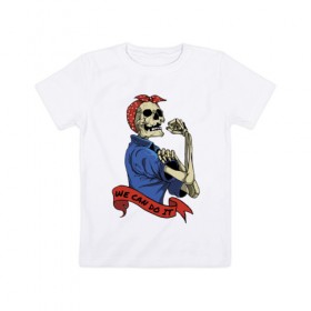 Детская футболка хлопок с принтом We can do it , 100% хлопок | круглый вырез горловины, полуприлегающий силуэт, длина до линии бедер | fist | grin | jaw | kerchief | motto | retro | skeleton | skull | slogan | девиз | косынка | кулак | оскал | ретро | скелет | слоган | череп