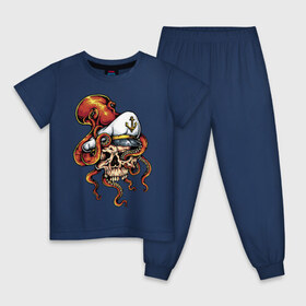 Детская пижама хлопок с принтом Осьминог , 100% хлопок |  брюки и футболка прямого кроя, без карманов, на брюках мягкая резинка на поясе и по низу штанин
 | Тематика изображения на принте: anchor | octopus | peaked cap | skull | осьминог | фуражка | череп | якорь