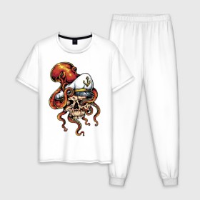 Мужская пижама хлопок с принтом Осьминог , 100% хлопок | брюки и футболка прямого кроя, без карманов, на брюках мягкая резинка на поясе и по низу штанин
 | anchor | octopus | peaked cap | skull | осьминог | фуражка | череп | якорь