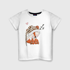 Детская футболка хлопок с принтом Сонный лисенок , 100% хлопок | круглый вырез горловины, полуприлегающий силуэт, длина до линии бедер | Тематика изображения на принте: fox | foxed | арт | лис | лиса | лисенок | лисичка | пушистик | рыжая | рыжмй хвост