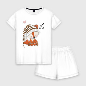 Женская пижама с шортиками хлопок с принтом Сонный лисенок , 100% хлопок | футболка прямого кроя, шорты свободные с широкой мягкой резинкой | fox | foxed | арт | лис | лиса | лисенок | лисичка | пушистик | рыжая | рыжмй хвост