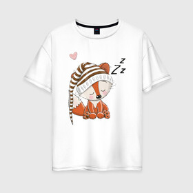 Женская футболка хлопок Oversize с принтом Сонный лисенок , 100% хлопок | свободный крой, круглый ворот, спущенный рукав, длина до линии бедер
 | fox | foxed | арт | лис | лиса | лисенок | лисичка | пушистик | рыжая | рыжмй хвост