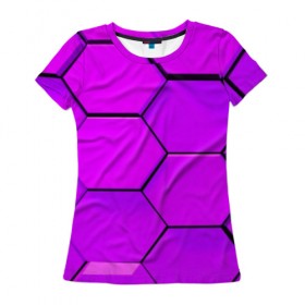 Женская футболка 3D с принтом Неоновые соты , 100% полиэфир ( синтетическое хлопкоподобное полотно) | прямой крой, круглый вырез горловины, длина до линии бедер | abstraction | geometry | hexagon | techno | абстракция | броня | геометрия | краски | неон | неоновый | сетка | соты | стальная броня | текстура | шестигранники