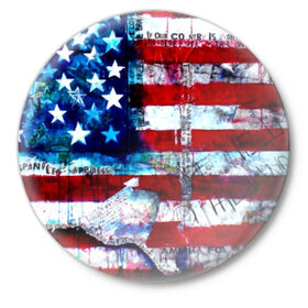 Значок с принтом АМЕРИКА ,  металл | круглая форма, металлическая застежка в виде булавки | usa | абстракция | америка | американский | герб | звезды | краска | символика сша | страны | сша | флаг | штаты