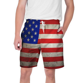Мужские шорты 3D с принтом Американский флаг ,  полиэстер 100% | прямой крой, два кармана без застежек по бокам. Мягкая трикотажная резинка на поясе, внутри которой широкие завязки. Длина чуть выше колен | usa | абстракция | америка | американский | герб | звезды | краска | символика сша | страны | сша | флаг | штаты