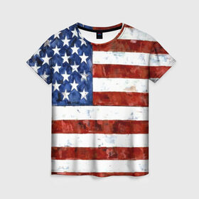 Женская футболка 3D с принтом США ФЛАГ , 100% полиэфир ( синтетическое хлопкоподобное полотно) | прямой крой, круглый вырез горловины, длина до линии бедер | usa | абстракция | америка | американский | герб | звезды | краска | символика сша | страны | сша | флаг | штаты