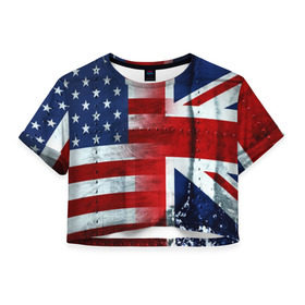 Женская футболка Cropp-top с принтом Англия&Америка , 100% полиэстер | круглая горловина, длина футболки до линии талии, рукава с отворотами | Тематика изображения на принте: usa | абстракция | америка | американский | герб | звезды | краска | символика сша | страны | сша | флаг | штаты