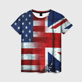 Женская футболка 3D с принтом Англия&Америка , 100% полиэфир ( синтетическое хлопкоподобное полотно) | прямой крой, круглый вырез горловины, длина до линии бедер | Тематика изображения на принте: usa | абстракция | америка | американский | герб | звезды | краска | символика сша | страны | сша | флаг | штаты