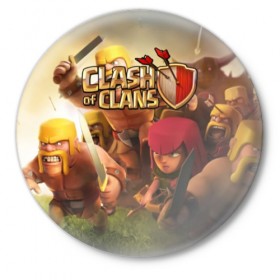 Значок с принтом Clash of Clans ,  металл | круглая форма, металлическая застежка в виде булавки | Тематика изображения на принте: base | clan wars | coc | hall | hog rider | royale | town | trap | база | гоблин | золото | клеш оф кленс | кок | крепость | кристаллы | трофей | эликсир