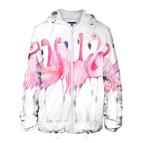 Мужская куртка 3D с принтом Фламинго , ткань верха — 100% полиэстер, подклад — флис | прямой крой, подол и капюшон оформлены резинкой с фиксаторами, два кармана без застежек по бокам, один большой потайной карман на груди. Карман на груди застегивается на липучку | art | birds | flamingo | flock | illustration | pink | summer | watercolor | акварель | иллюстрация | искусство | лето | птицы | розовый | стая | фламинго
