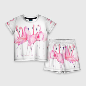 Детский костюм с шортами 3D с принтом Фламинго ,  |  | art | birds | flamingo | flock | illustration | pink | summer | watercolor | акварель | иллюстрация | искусство | лето | птицы | розовый | стая | фламинго