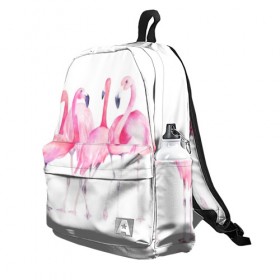 Рюкзак 3D с принтом Фламинго , 100% полиэстер | лямки с регулируемой длиной, сверху петелька, чтобы рюкзак можно было повесить на вешалку. Основное отделение закрывается на молнию, как и внешний карман. Внутри два дополнительных кармана, один из которых закрывается на молнию. По бокам два дополнительных кармашка | art | birds | flamingo | flock | illustration | pink | summer | watercolor | акварель | иллюстрация | искусство | лето | птицы | розовый | стая | фламинго
