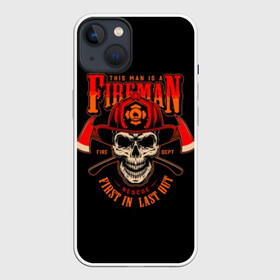 Чехол для iPhone 13 с принтом Пожарный ,  |  | Тематика изображения на принте: axes | crossed | emblem | fire | fireman | helmet | red | retro | skull | vintage | каска | красные | огонь | пожарный | рэтро | скрещенные | старинная | топоры | череп | эмблема