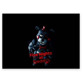 Поздравительная открытка с принтом Five Nights At Freddys , 100% бумага | плотность бумаги 280 г/м2, матовая, на обратной стороне линовка и место для марки
 | five nights at freddys | foxy | аниматроники | игра | компьютерная игра | робот | фокси | фредди | фреди | чика