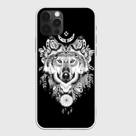 Чехол для iPhone 12 Pro Max с принтом Ацтекский волк , Силикон |  | animal | art | aztec | black and white | ca | crystals | dreams | feathers | graphics | head | look | muzzle | ornament | patterns | predator | style | wild | wolf | взгляд | волк | голова | графика | дикий | животное | искусство | кристаллы | ловец | мор