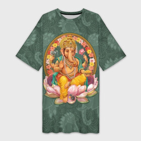 Платье-футболка 3D с принтом Ганеша ,  |  | ax | beads | character | elephant | god | gold | hands | head | holiday | jewels | lilies | lord | mouse | ornament | pattern | благополучие | бог | божество | бусы | владыка | ганеша | голова | драгоценности | золото | индуизм | лилии | много | мудрость 