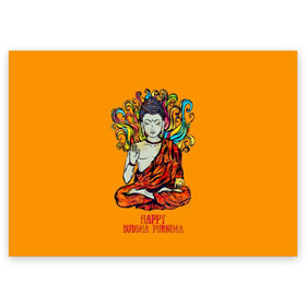 Поздравительная открытка с принтом Happy Buddha Purnima , 100% бумага | плотность бумаги 280 г/м2, матовая, на обратной стороне линовка и место для марки
 | Тематика изображения на принте: buddha | golden | happy | indian | kesa | lotus | monk | orange | ornament | pattern | pose | religion | shakyamuni | spiritual | te | будда | буддизм | духовный | золотой | индийский | кашая | кэса | лотос | оранжевый | орнамент | основатель | по