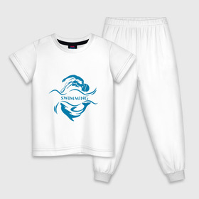 Детская пижама хлопок с принтом Плавание , 100% хлопок |  брюки и футболка прямого кроя, без карманов, на брюках мягкая резинка на поясе и по низу штанин
 | бассейн | вода | волна | дельфин | плавание | пловец