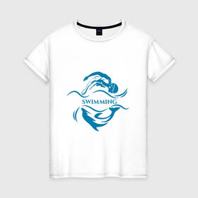 Женская футболка хлопок с принтом Плавание , 100% хлопок | прямой крой, круглый вырез горловины, длина до линии бедер, слегка спущенное плечо | Тематика изображения на принте: бассейн | вода | волна | дельфин | плавание | пловец