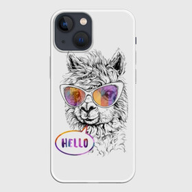 Чехол для iPhone 13 mini с принтом Лама ,  |  | alpaca | animal | beautiful | cute | drawing | graphics | head | hello | hipster | inscription | llama | rainbow | shaggy | альпака | голова | графика | животное | красивая | лама | милая | надпись | очки | привет | радуга | рисунок |