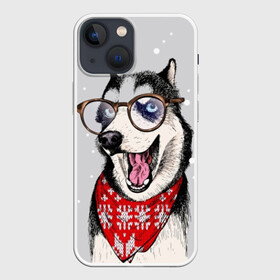 Чехол для iPhone 13 mini с принтом Хаски ,  |  | animal | blue | breed | dog | drawing | eyes | graphic | husky | jaws | knitted | open | ornament | pattern | shawl | snow | winter | вязаный | глаза | голубые | графический | животное | зима | орнамент | открытая | очки | платок | порода | рису