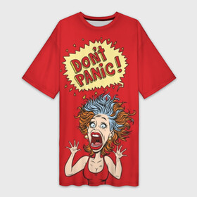 Платье-футболка 3D с принтом Dont panic ,  |  | colored | comic | drawing | eyes | hair | horror | mouth | no | open | panic | pop art | protruding | retro | screaming | sticking out | woman | волосы | выпученные | глаза | дыбом | женщина | комикс | кричит | нет | открытый | паника | поп арт | ретро | 