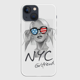 Чехол для iPhone 13 mini с принтом NYC girlfriend ,  |  | beautiful | blonde | city | flag | girl | girlfriend | new york | reflection | stars | stripes | usa | блондинка | город | девушка | звезды | красивая | нью йорк | отражение | очки | подруга | полосы | сша | флаг