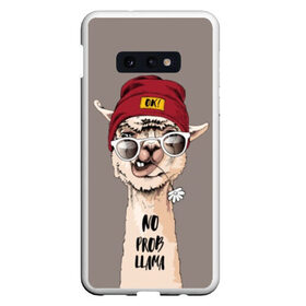 Чехол для Samsung S10E с принтом llama , Силикон | Область печати: задняя сторона чехла, без боковых панелей | animal | dude | flower | grimace | hat | head | hello | inscription | llama | long | neck | street | style | голова | гримаса | длинная | животное | лама | надпись | очки | привет | стиль | уличный | цветок | чувак | шапка | шея