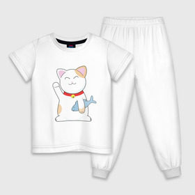 Детская пижама хлопок с принтом Манэки-нэко , 100% хлопок |  брюки и футболка прямого кроя, без карманов, на брюках мягкая резинка на поясе и по низу штанин
 | Тематика изображения на принте: cat | maneki | maneki neko | neko | денежный кот | зовущая кошка | кот | кот счастья | кот удачи | котенок | котэ | кошка | манеки | манэки нэко | манящий кот | нэко | приглашающий кот | удача