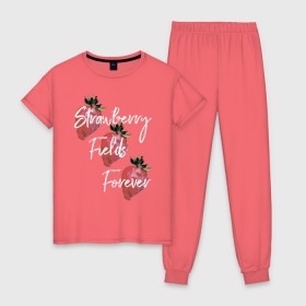 Женская пижама хлопок с принтом Strawberry Fields , 100% хлопок | брюки и футболка прямого кроя, без карманов, на брюках мягкая резинка на поясе и по низу штанин | beatles | forever | strawberry | the beatles | битлз | джон леннон | леннон | форевер | ягода