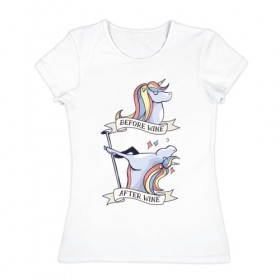 Женская футболка хлопок с принтом Единорог , 100% хлопок | прямой крой, круглый вырез горловины, длина до линии бедер, слегка спущенное плечо | unicorn | винишко | вино | винчик | единорог