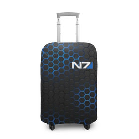 Чехол для чемодана 3D с принтом MASS EFFECT N7 , 86% полиэфир, 14% спандекс | двустороннее нанесение принта, прорези для ручек и колес | blue | n7 | neon | броня | костюм | масс эффект | н7 | неон | синий | соты | стальная броня | стальные соты | шепард