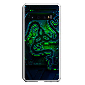 Чехол для Samsung Galaxy S10 с принтом RAZER , Силикон | Область печати: задняя сторона чехла, без боковых панелей | game | razer | texture | зеленый | игровое лого | игромания | игры | рэйзер | текстуры