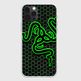 Чехол для iPhone 12 Pro с принтом RAZER , силикон | область печати: задняя сторона чехла, без боковых панелей | game | razer | texture | зеленый | игровое лого | игромания | игры | рэйзер | текстуры